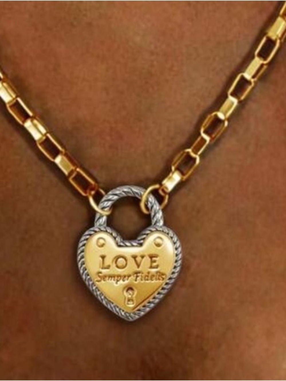 Two-Tone Heart Padlock Necklace in Gold and Silver